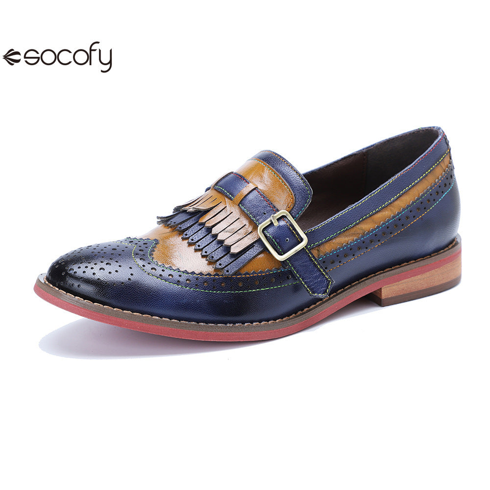 Socofy Genuine Leather Women's Retro Colorblocking Tassel Flat Comfort Loafers