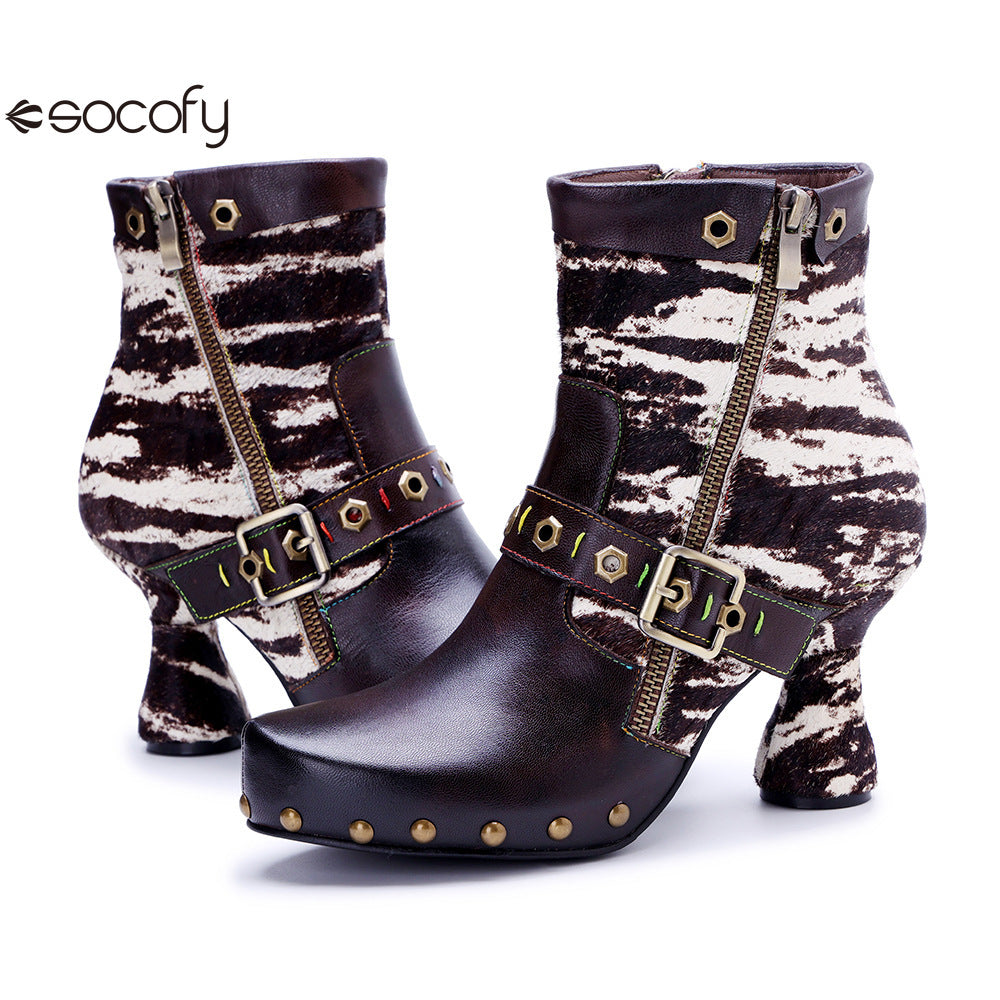 Socofy Vicconfy Retro Handmade Zebra Pattern Buckle Ankle Boots