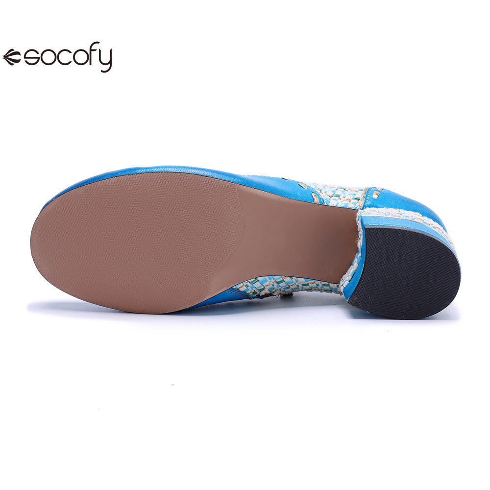 Socofy Genuine Leather Vintage Boho Woven Side Zipper Pumps