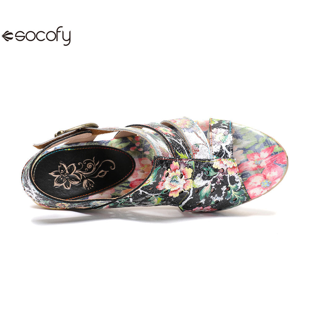 Socofy Vicconfy Leather Floral Heeled Black Sandals