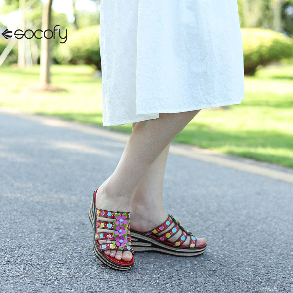 Socofy Summer Leather Vintage Flower Slope Heel Sandals Slippers