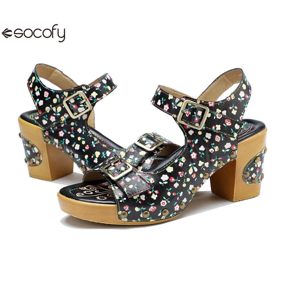 Socofy Leather Vintage Floral American Rustic Heeled Sandals