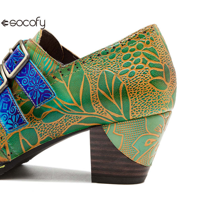 Socofy genuine leather green printed pastoral style retro thick heel women's high heels