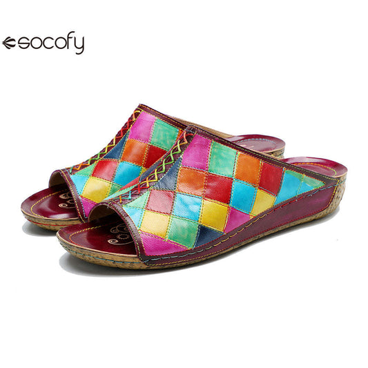 Socofy new summer style genuine leather retro plaid comfortable flat women's slippers 1000