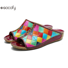 Socofy new summer style genuine leather retro plaid comfortable flat women's slippers