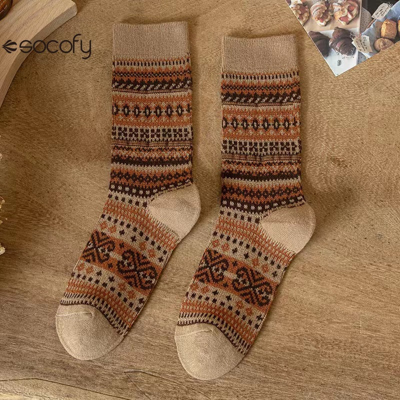 Socofy Vicconfy Mid-calf Socks Vintage Ethnic Striped Cotton Socks