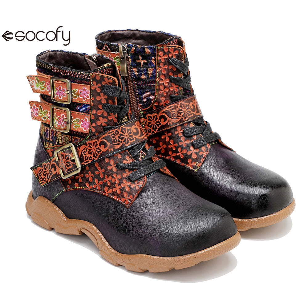 Socofy Vicconfy Leather Handmade Color Rubbed Printed Belt Buckle Flat Women's Boots