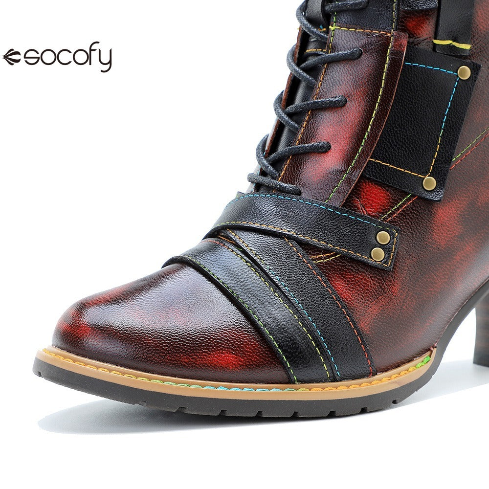 Socofy Leather Vintage Boots High Heeled Boots