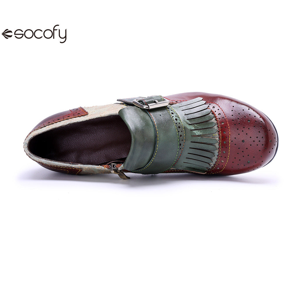 Socofy Genuine leather vintage brogue tassel side zipper Pupms