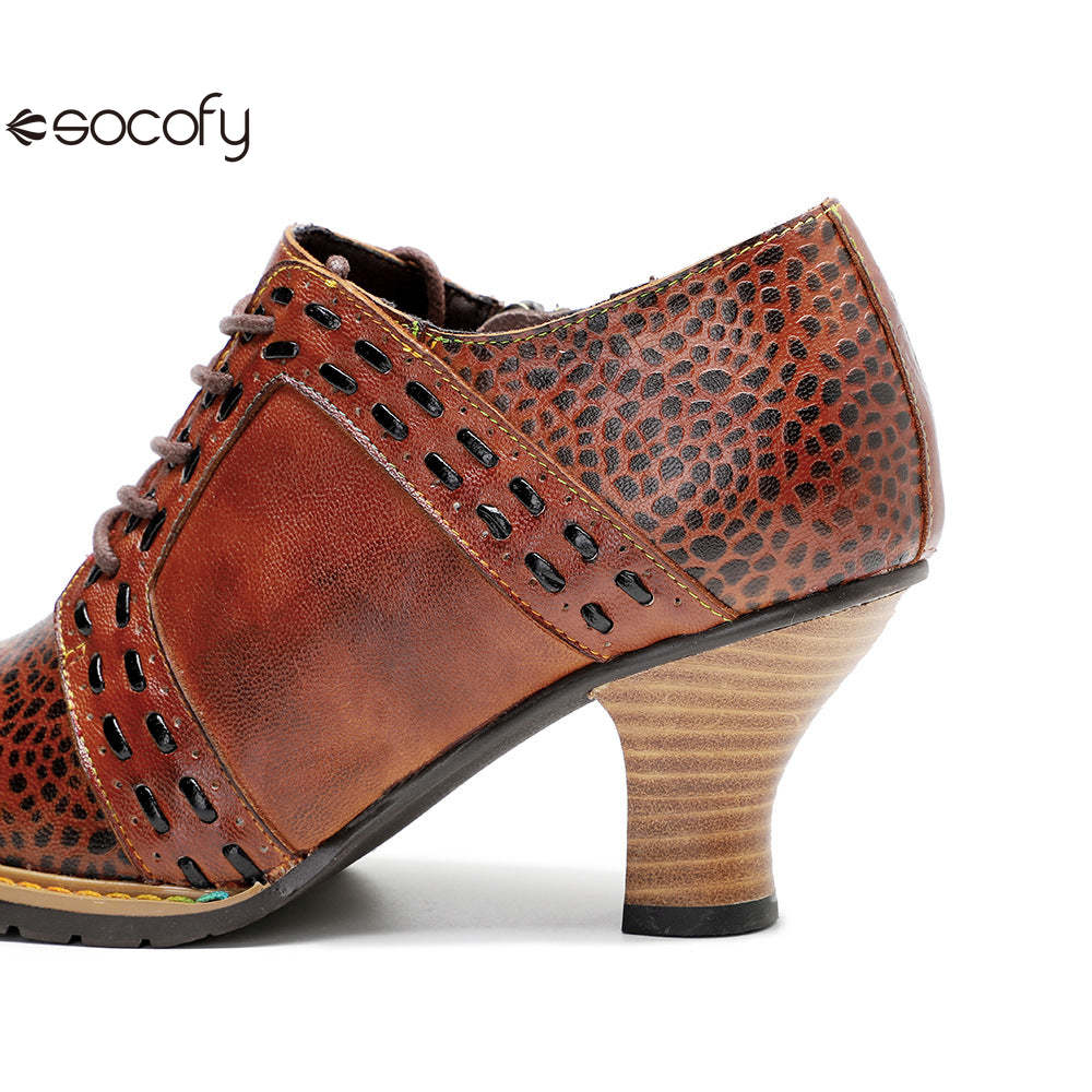 Socofy Leather Leopard Print Lace Up Women's High Heels