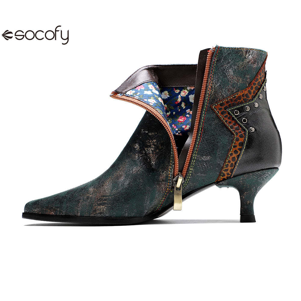 Socofy French Retro Metallic Dark Studded Studded Wrap Heel Design Slim Heel Women's Boots