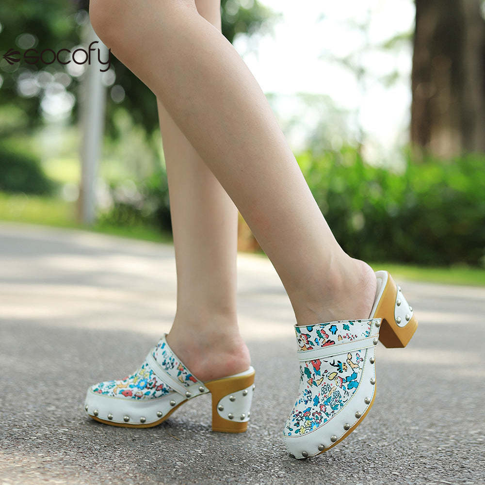 Socofy Handmade Leather Crushed Flower Rustic Casual Fashion Comfortable High Heeled Sandals