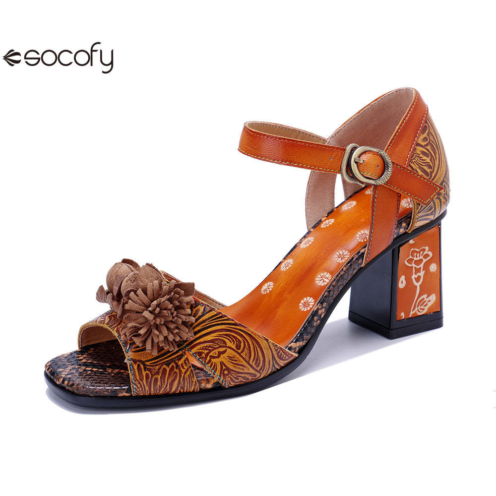 Socofy Vicconfy Handmade Leather Vintage Printed Dimensional Heeled Sandals