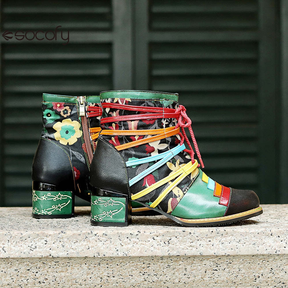 Socofy Vicconfy Handmade Genuine Leather Printed Patchwork Colorful Strappy Chunky Heel Women's Boots