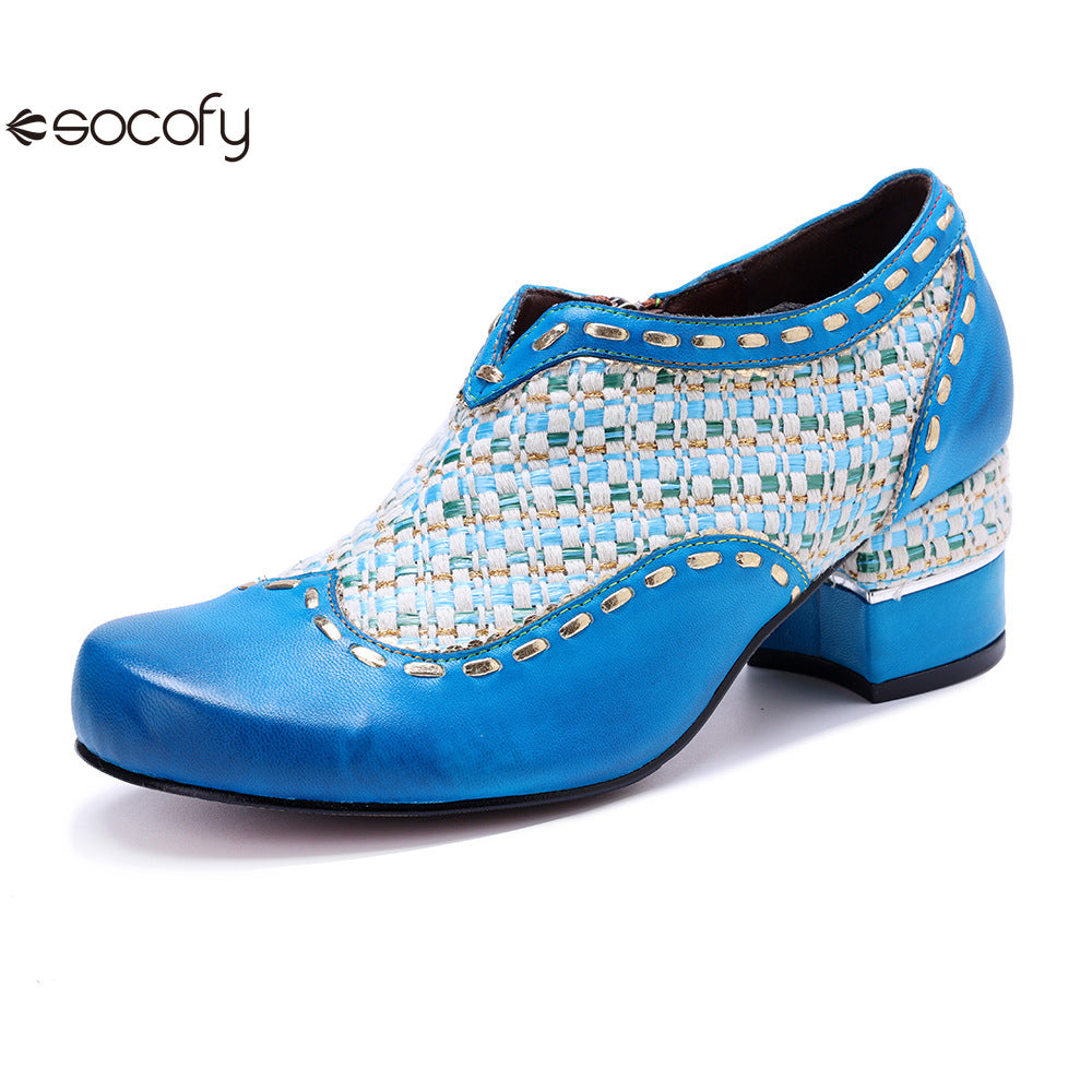 Socofy Genuine Leather Vintage Boho Woven Side Zipper Pumps