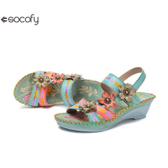 Socofy Vicconfy Genunie Leather Floral Handmade Women's Sandals