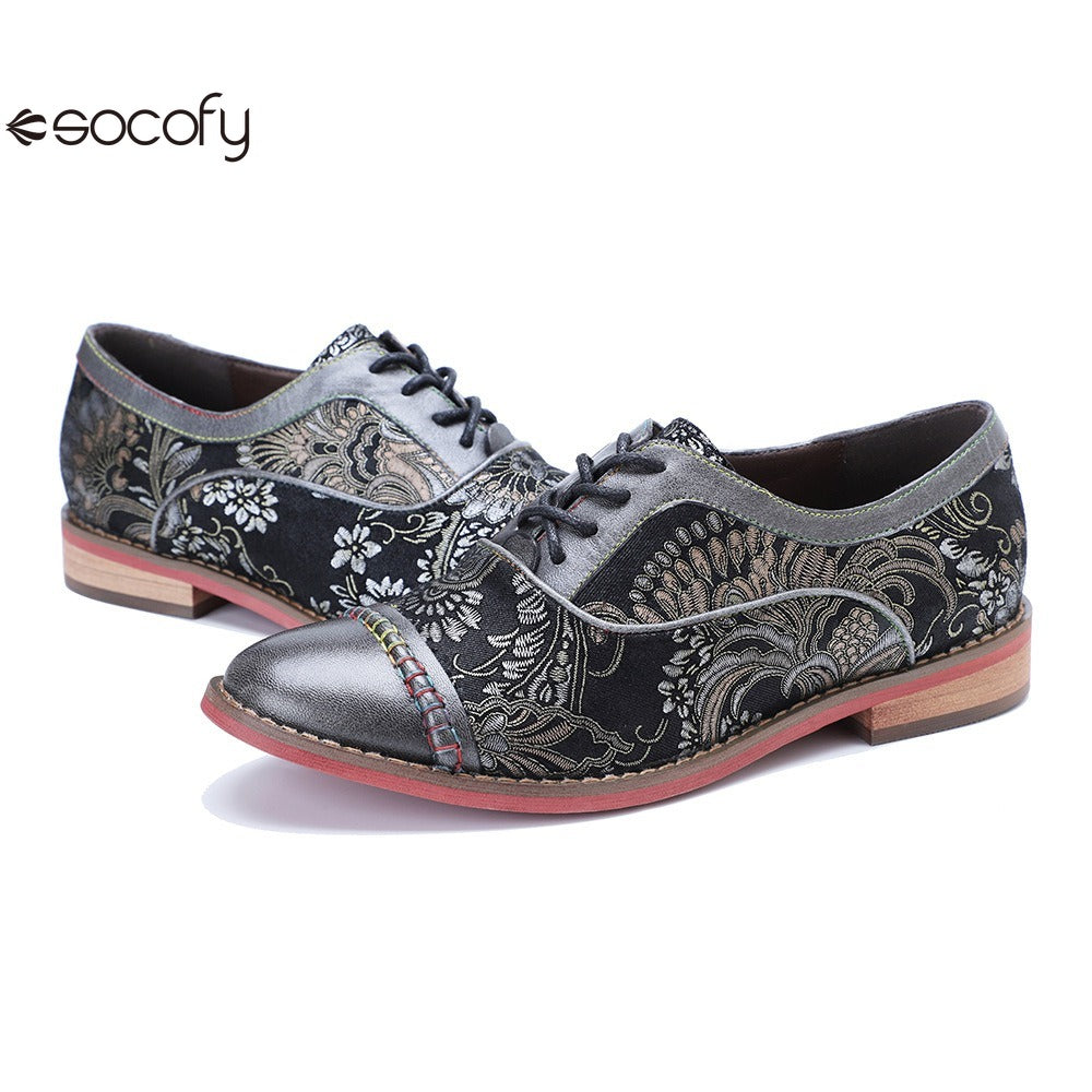 Socofy Handmade Leather Vintage Lace-Up Flats Loafers Shoes