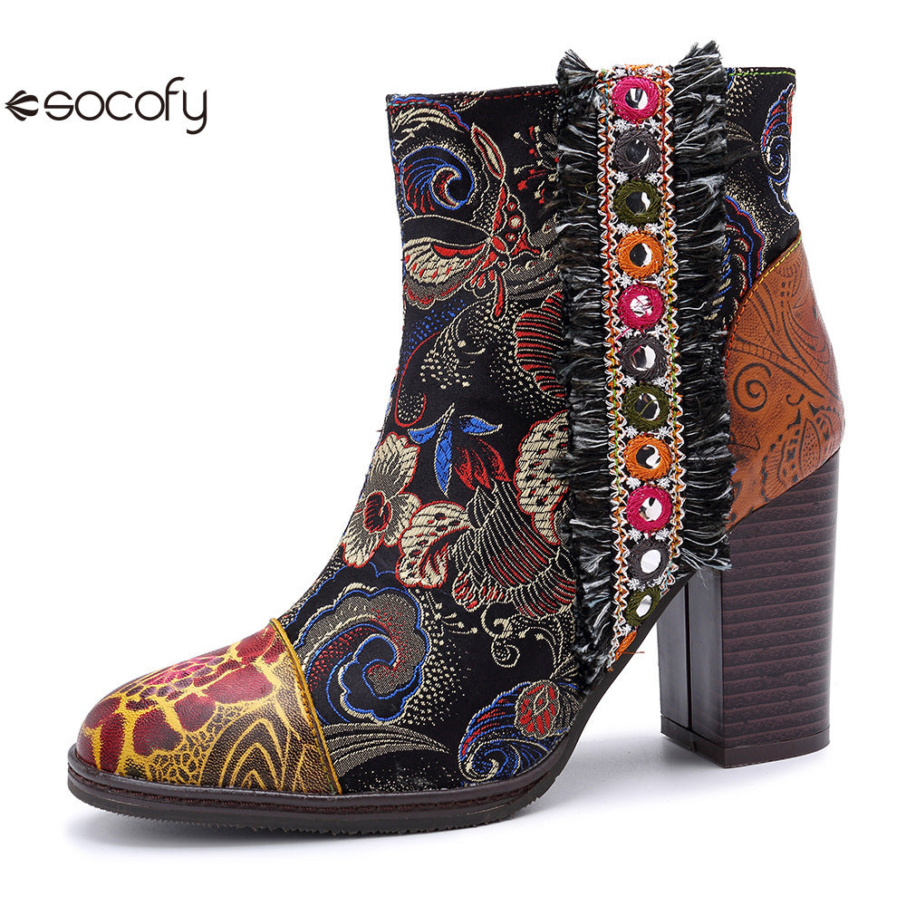 Socofy Vicconfy Genuine Leather Retro Court Style Chunky Heel Shiny Women's Boots