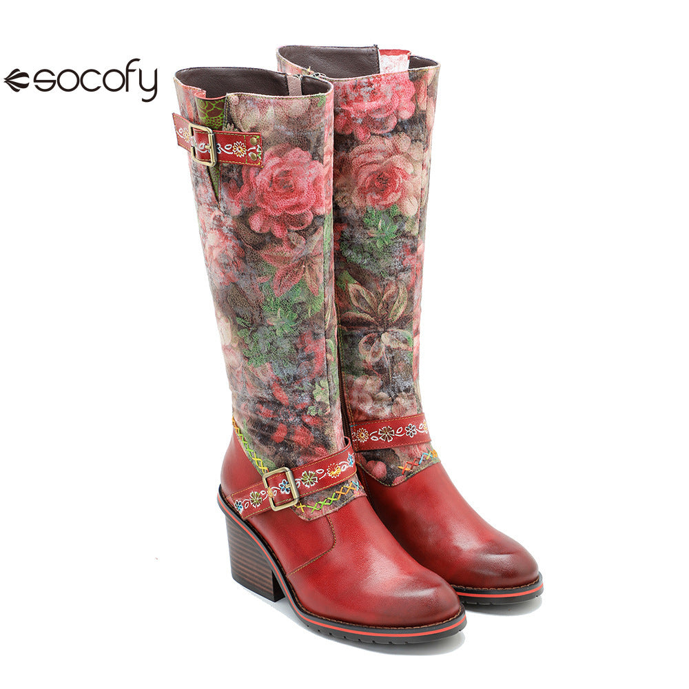 Socofy Vicconfy Handmade Color Rubbed Leather Printed Belt Buckle Chunky Heel Women's Boots