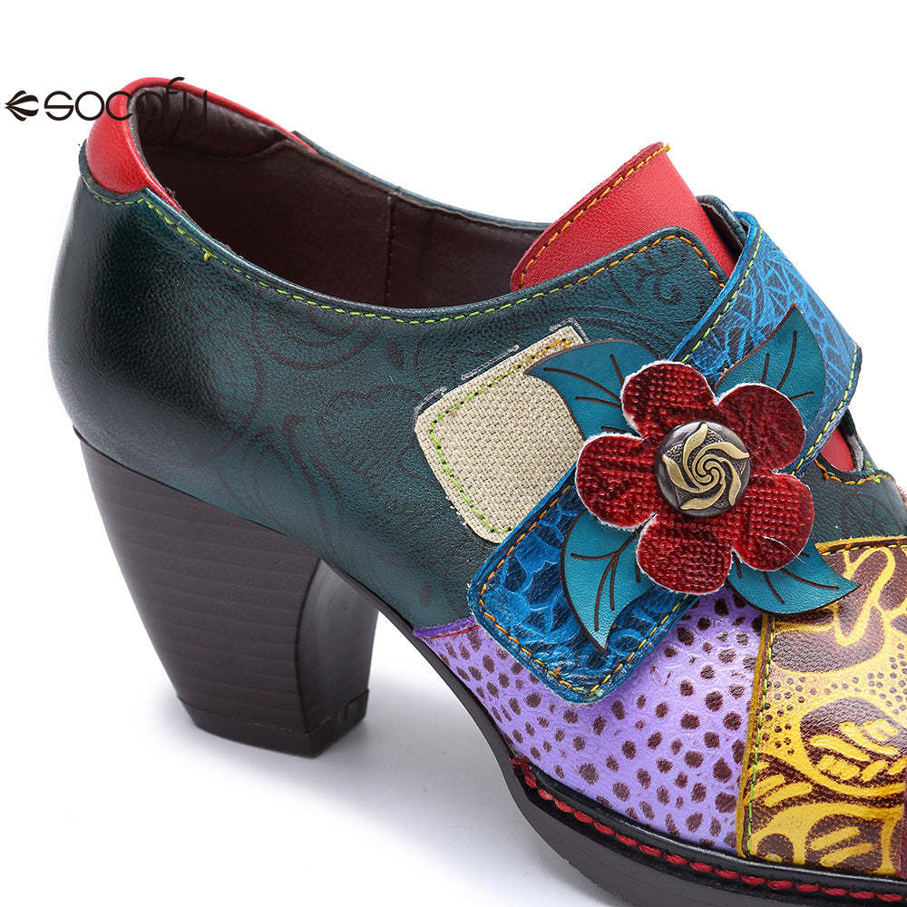 Socofy retro printing splicing ethnic style high heels women's shoes