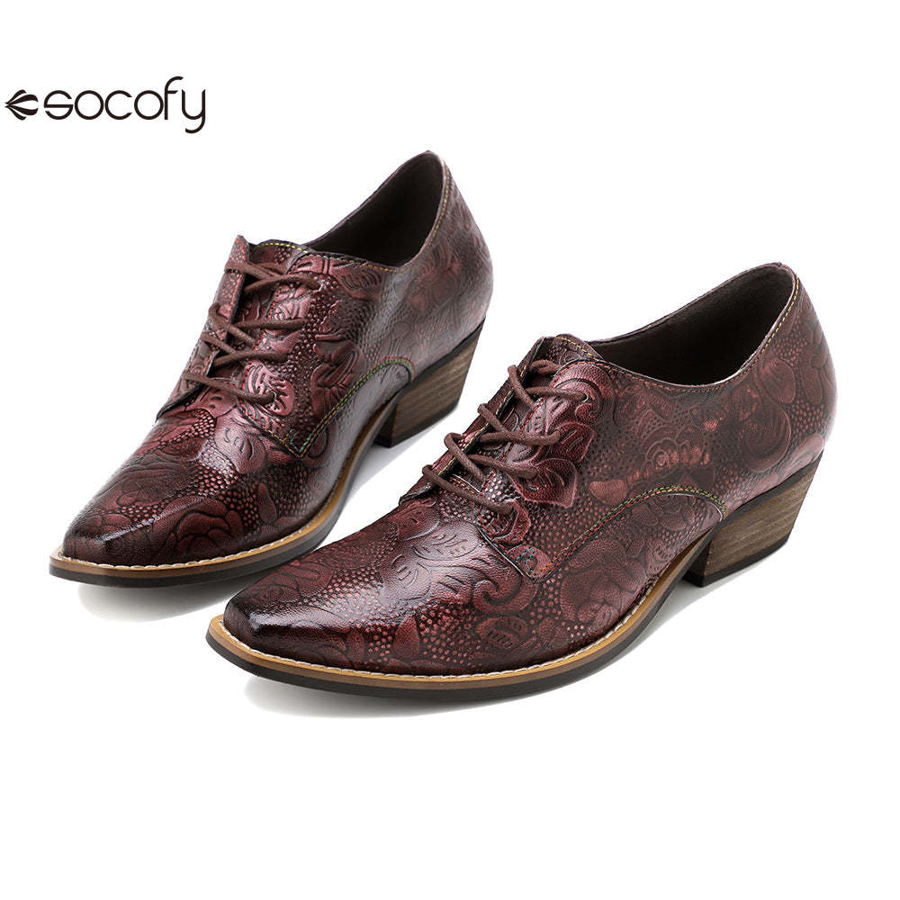 Socofy leather retro British style dark flower texture women's thick heel flat shoes