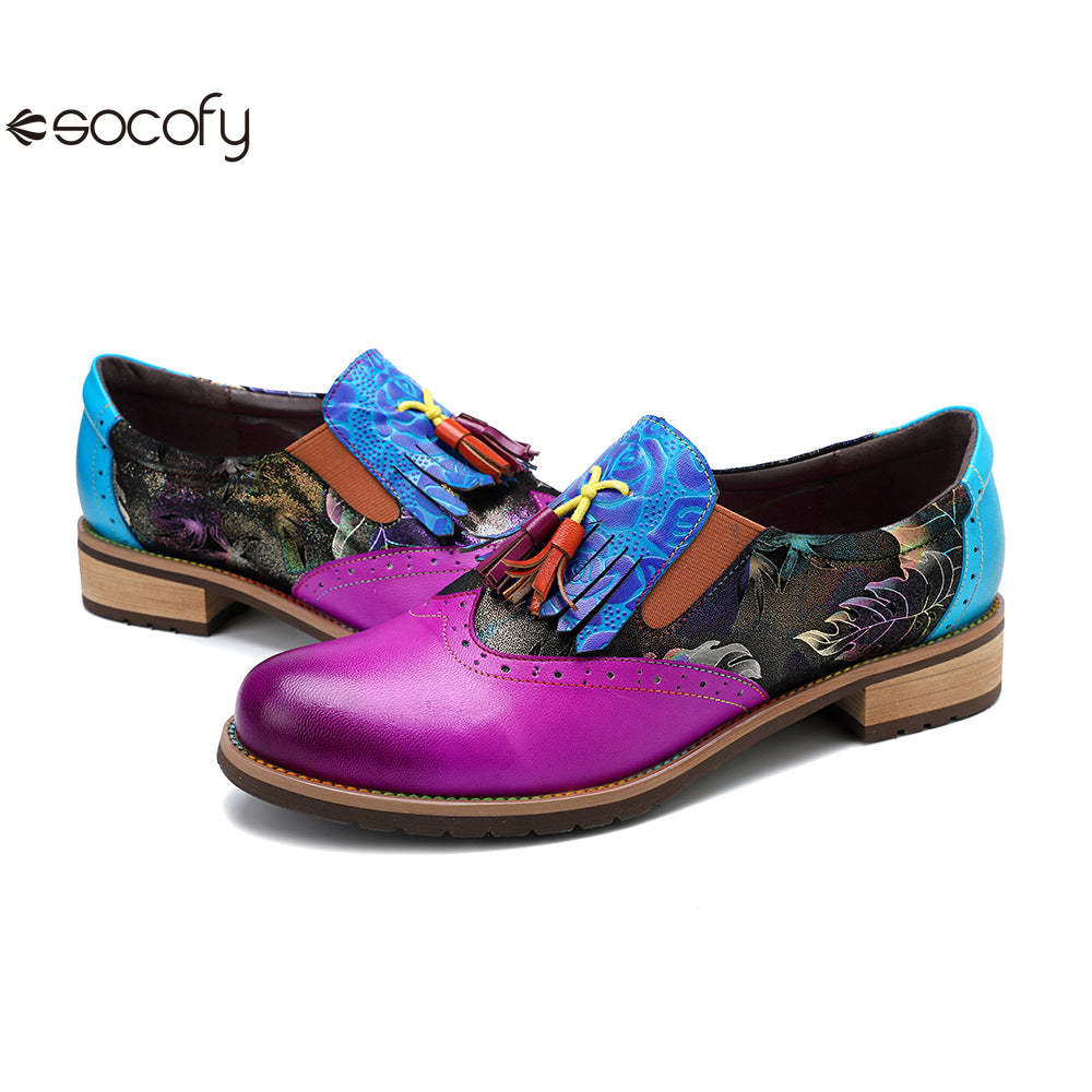 Socofy retro tassel Deco leather women's flat shoes