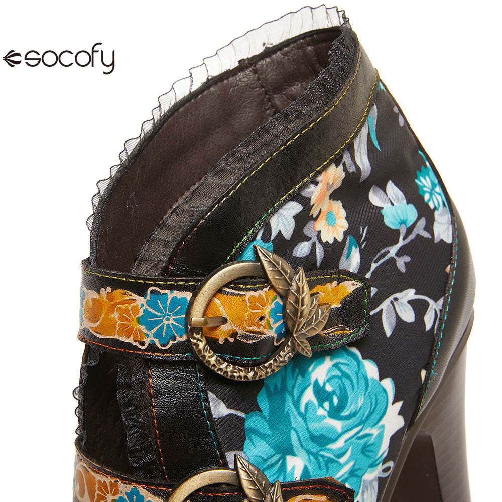 Socofy fashionable ethnic style stiletto heel round toe genuine leather boots for women