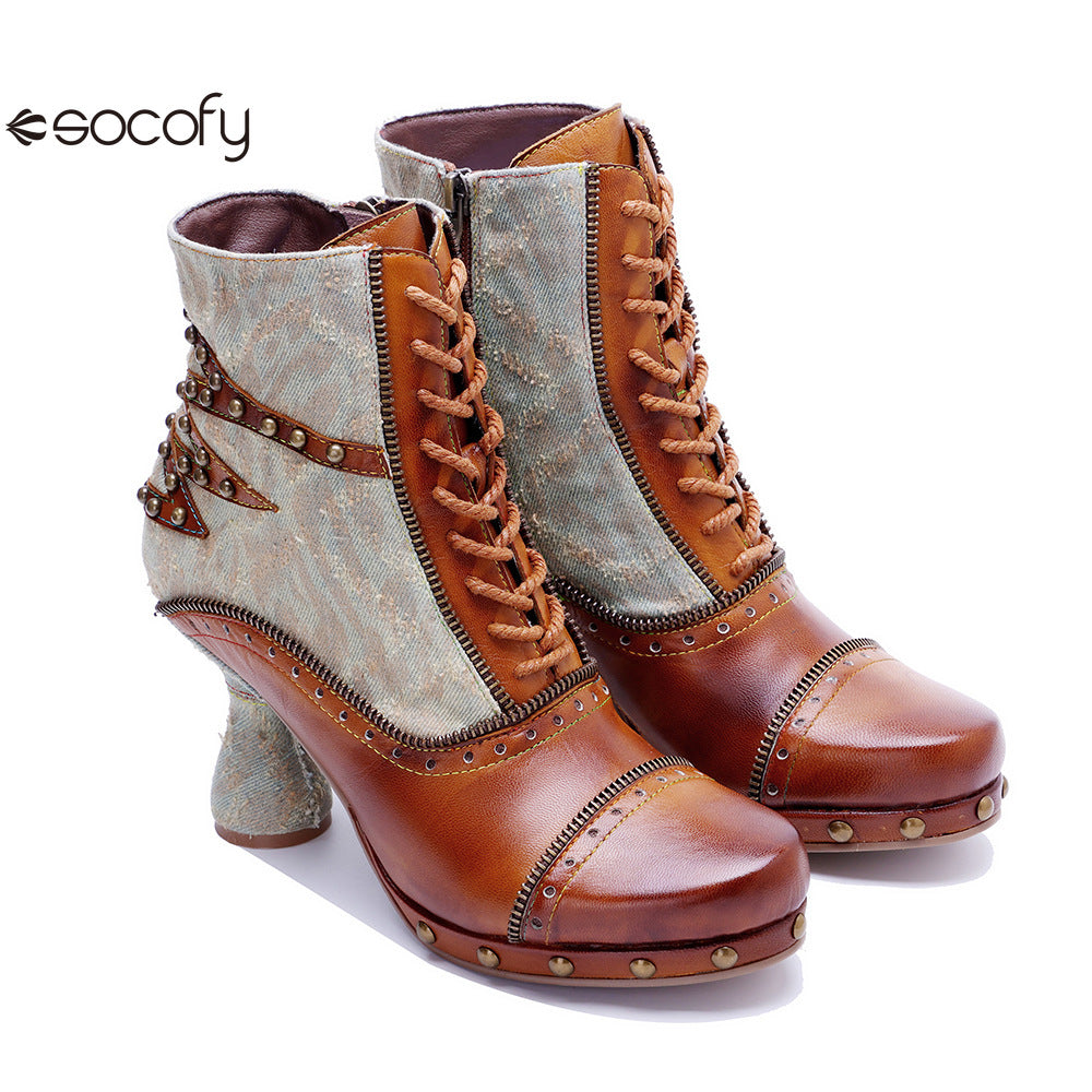 Socofy Vicconfy Retro Handmade Pachwork Fashionable Ankle Boots