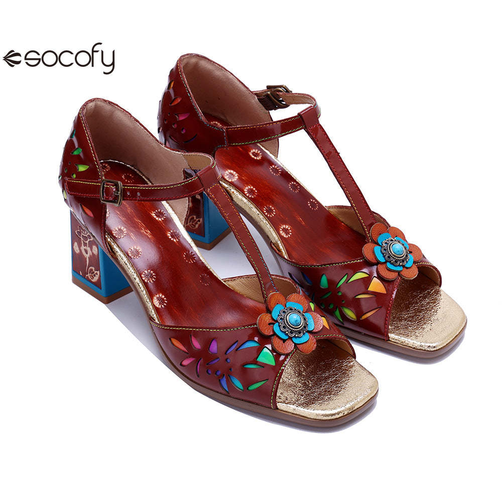 Socofy Vicconfy Women's Leather Handmade Color Rubbed Hollow Flower Square Heel High Heeled Sandals