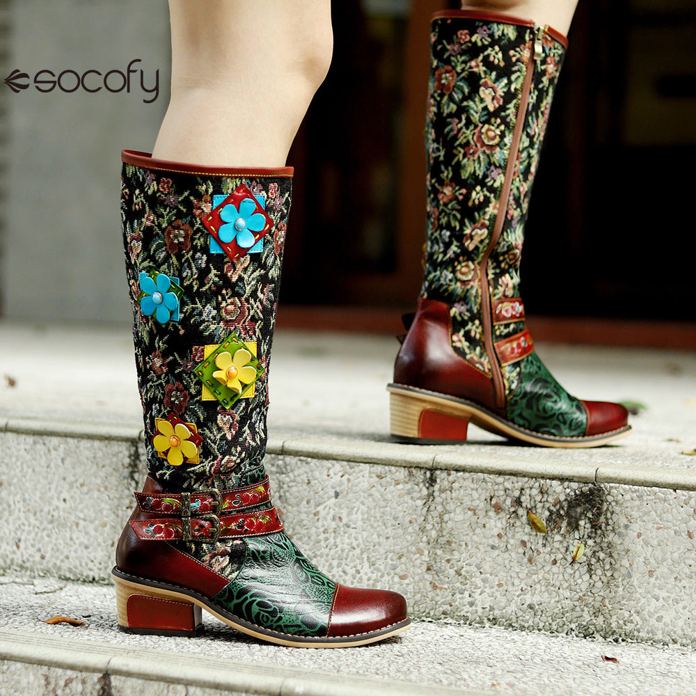 Socofy Vicconfy Handmade Color Rubbed Cubic Floral Belt Buckle Comfort Chunky Heel High Boots