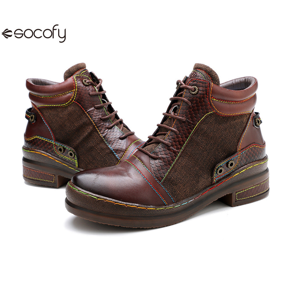 Socofy Vicconfy Genuine leather lace-up vintage biker boots