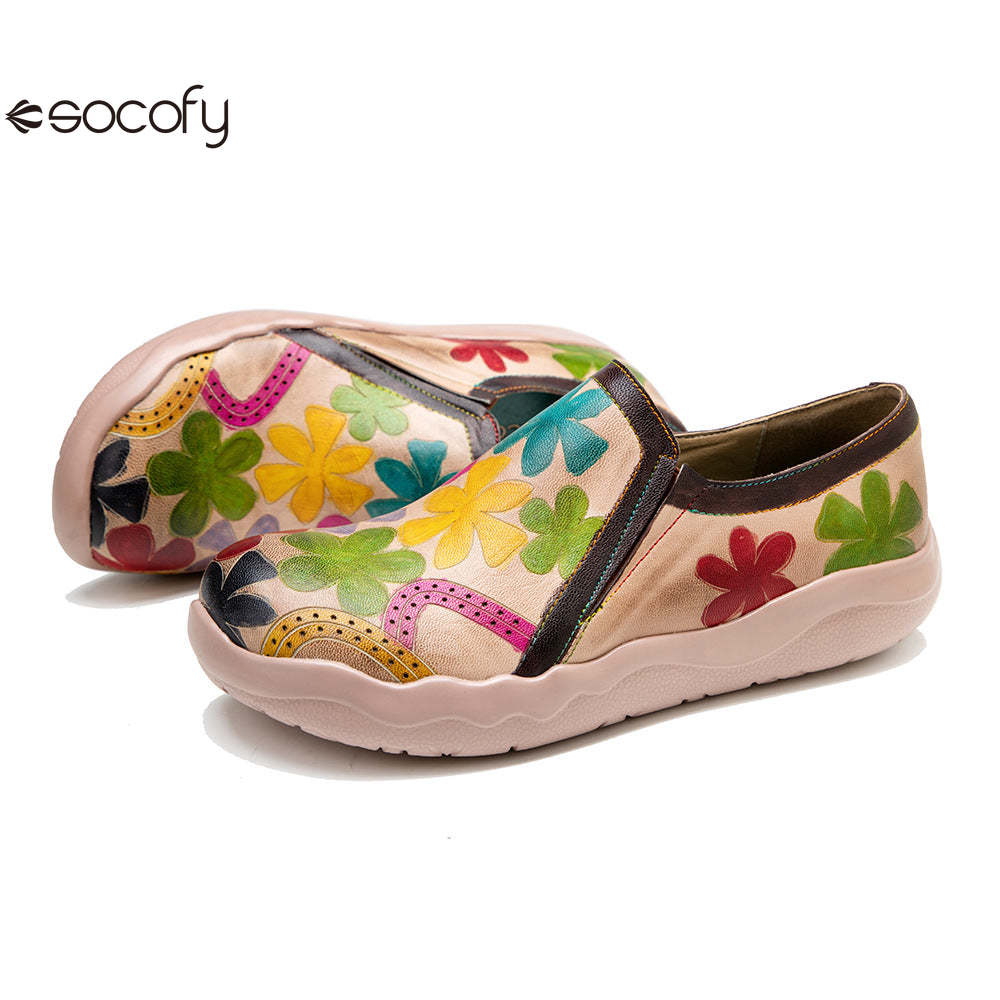 Socofy Vintage lamb leather Printed Lightweight Flat Women's Loafers