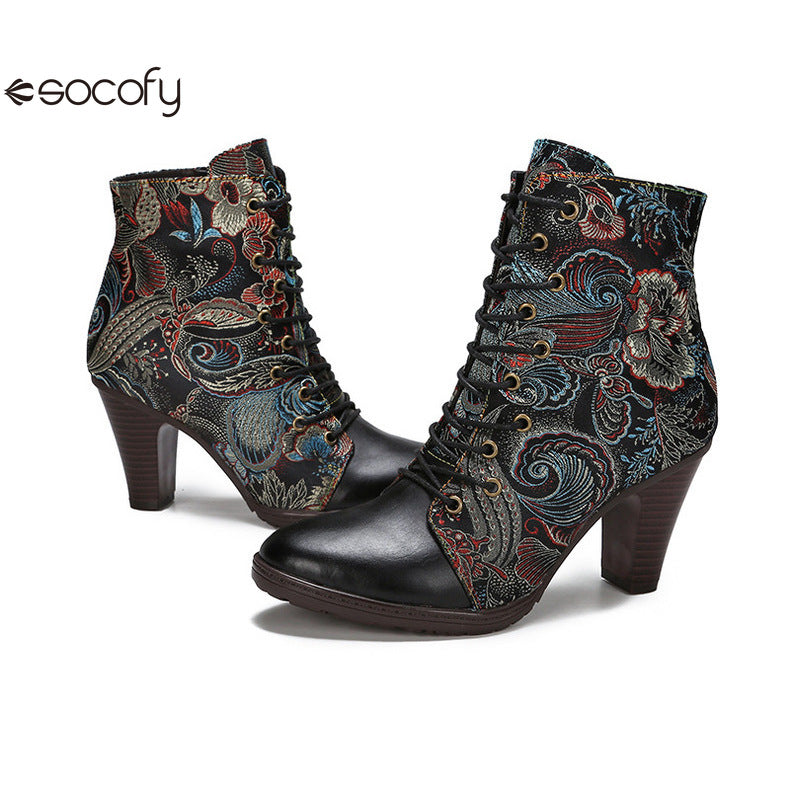 Socofy Vicconfy Cowhide Non-Slip Vintage Embroidered Heel Ankle Boots