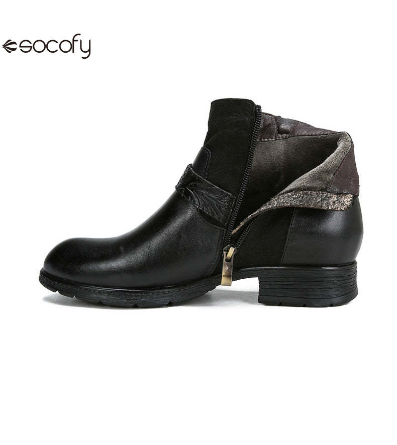 Socofy Vicconfy Women's Round Toe Cowhide Ethnic Leather Boots Fashion Boots