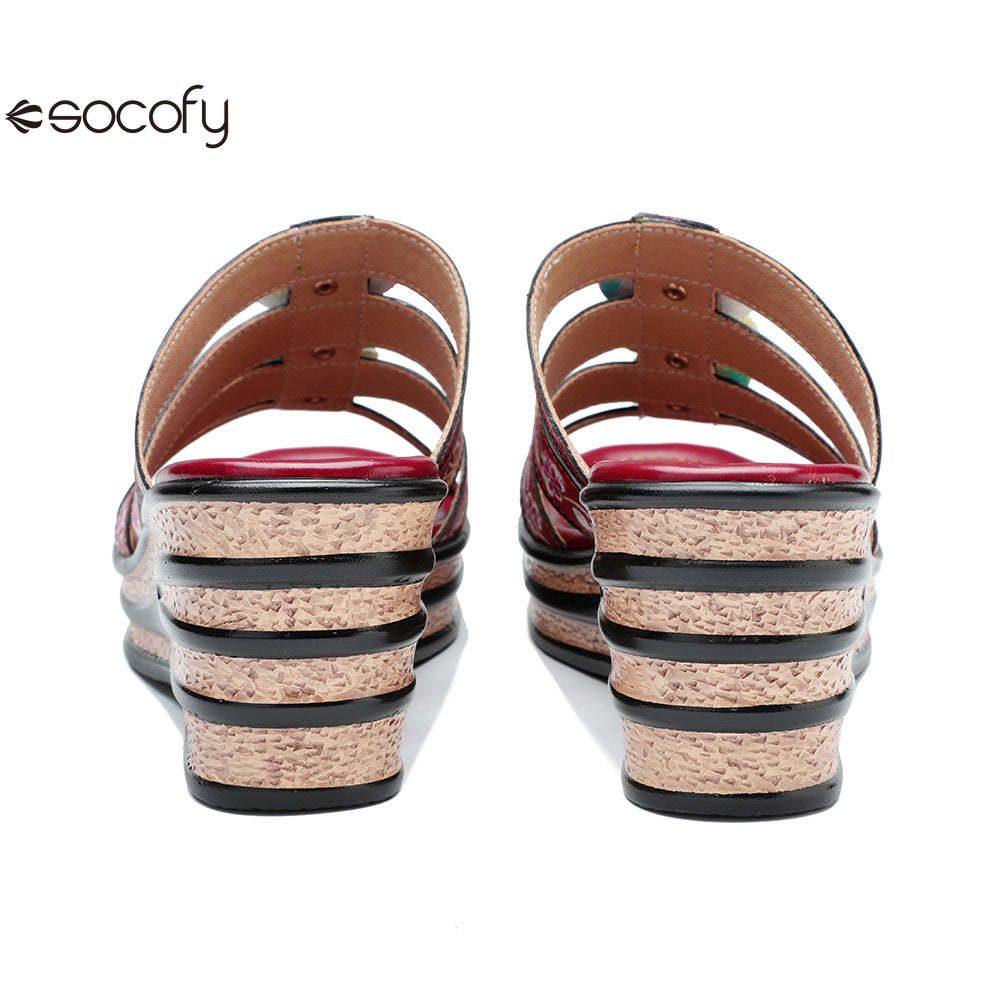 Socofy Summer Leather Vintage Flower Slope Heel Sandals Slippers