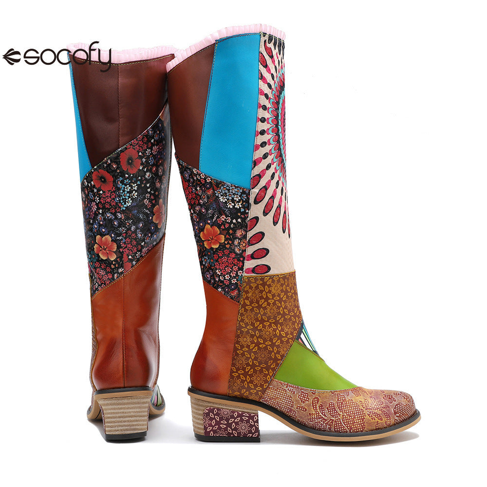 Socofy Genuine Leather Casual Vintage Boots Warm Knee Long Boots