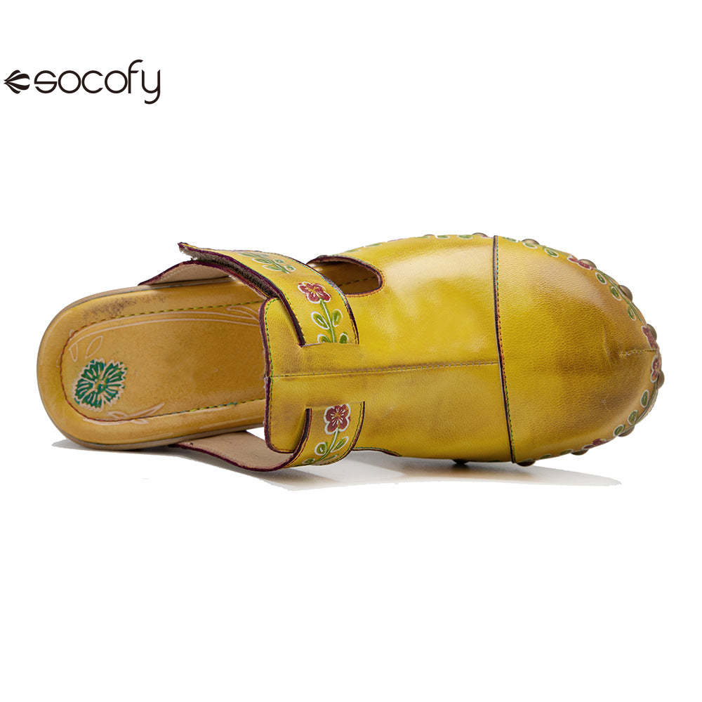 Socofy Spring and summer new spot genuine leather retro floral Baotou comfortable thick heel clogs and sandals