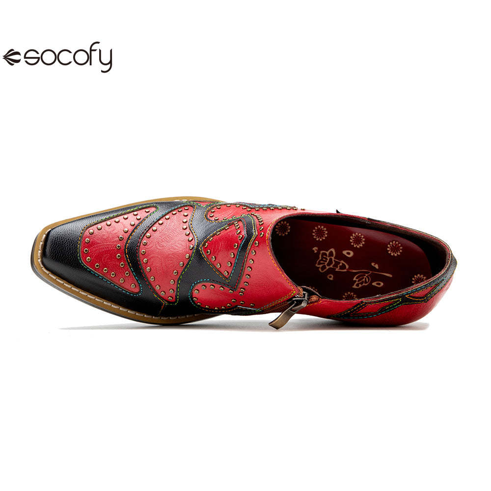 Socofy Genuine Leather Retro Round Rivet Deco Shallow Flat Shoes