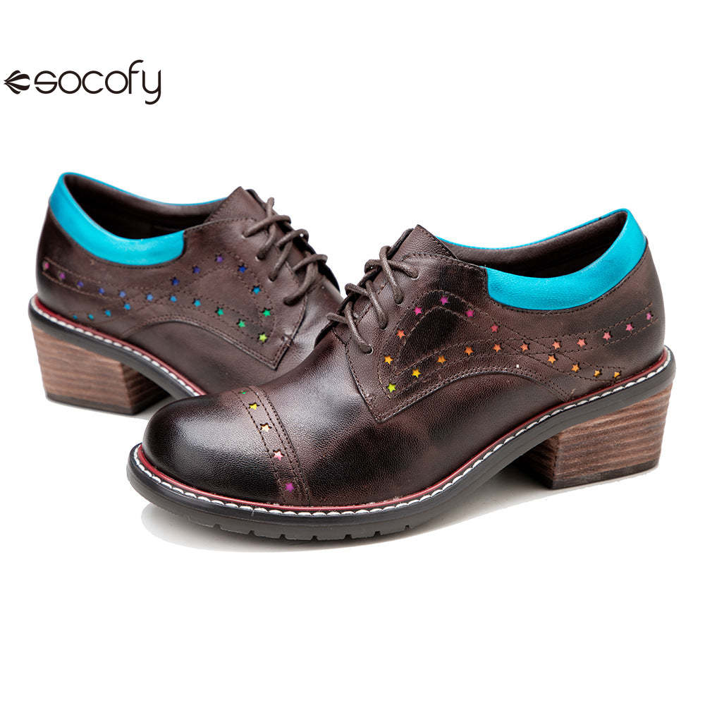 Socofy Leather Star Deco Lace Up Chunky Heel Single Shoes