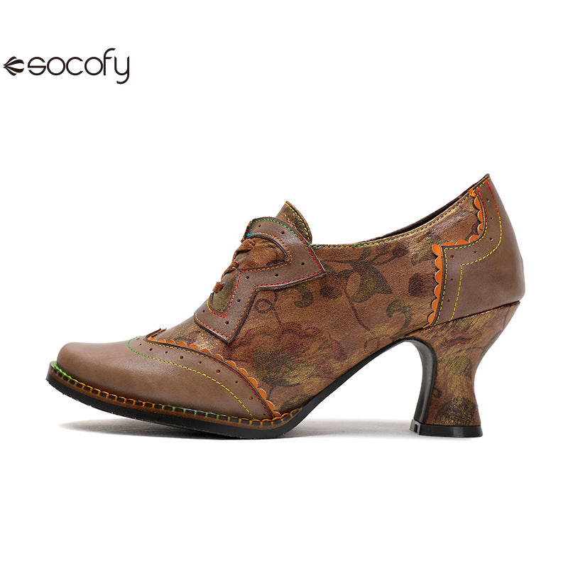 Socofy Vicconfy Genuine Leather Ethnic Brown High Heels