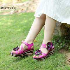 Socofy summer leather three-dimensional flowers comfortable sloping sandals