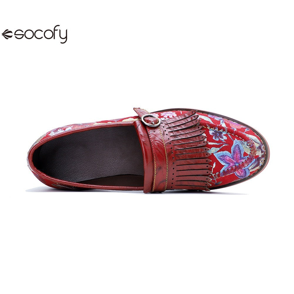 Socofy Handmade Leather Vintage Printed Tassel Flat Loafers Shoes