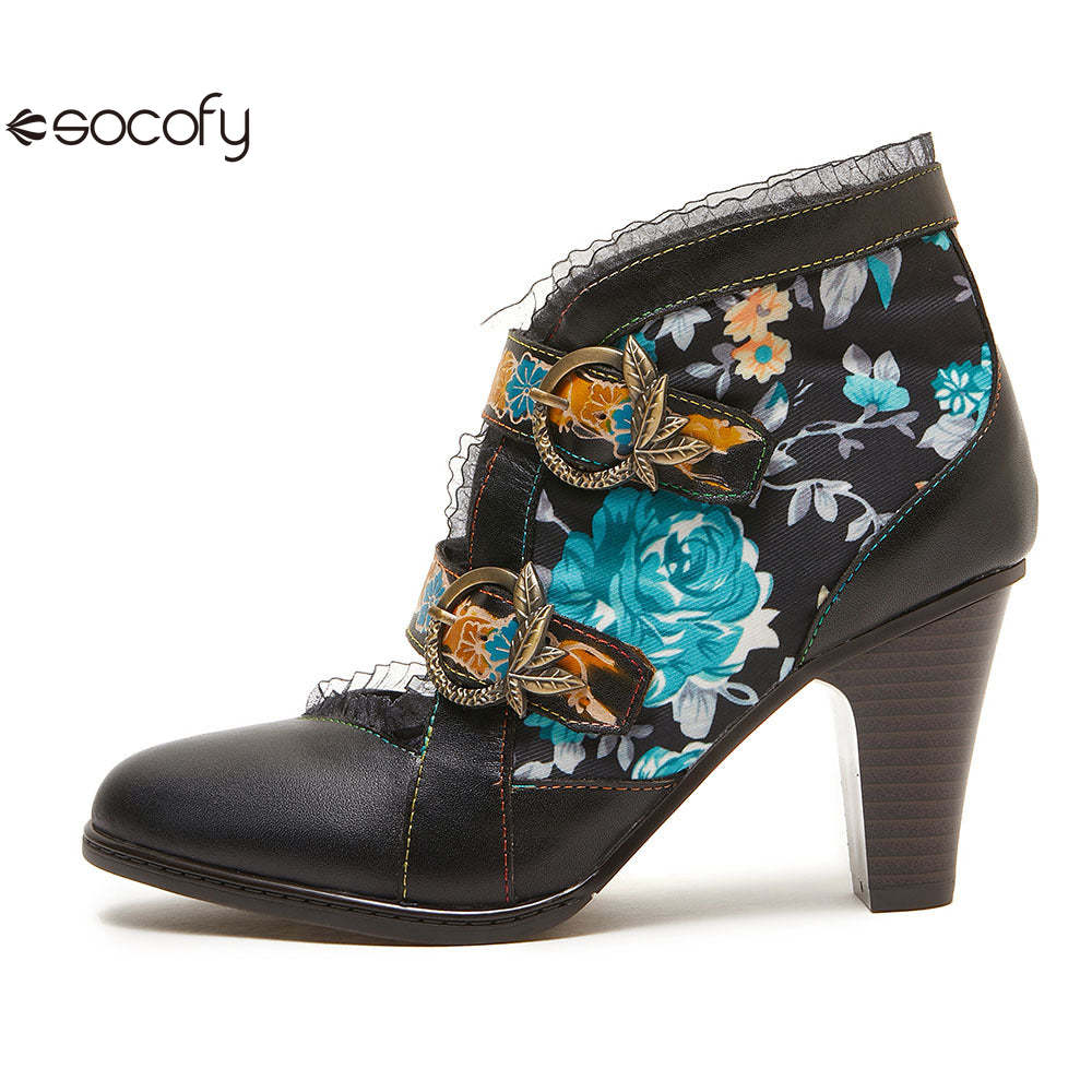 Socofy fashionable ethnic style stiletto heel round toe genuine leather boots for women