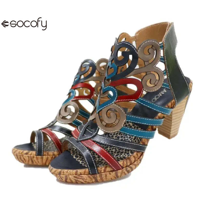 Socofy Genuine Leather Hook & Loop Mixed Colors Retro Sewing Casual High Heels Women Shoes