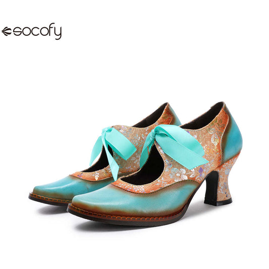 Socofy Summer flower blue ethnic style high-heeled ribbon lace-up women's shoes 1000