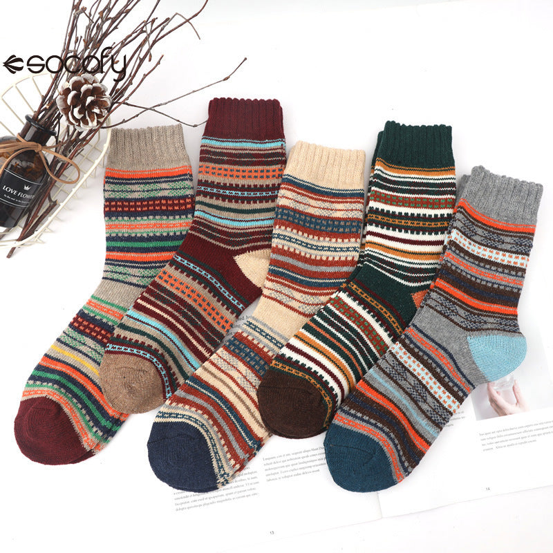 Socofy Vintage Thickened Warm Ethnic Style Wool Mid-Calf Socks