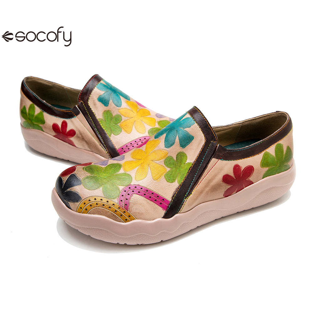 Socofy Vintage lamb leather Printed Lightweight Flat Women's Loafers