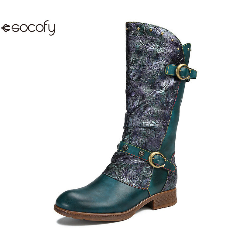 Socofy Vicconfy Side Zipper Vintage Floral Flat Heel Long Boots