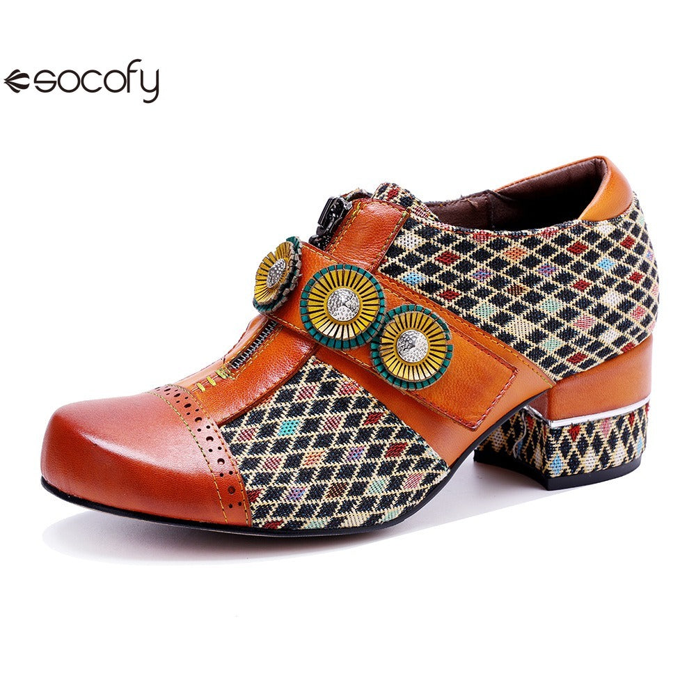 Socofy Genuine leather vintage plaid three-dimensional flowers pumps