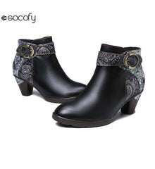 Socofy Vicconfy Vintage Cowhide Leather Boots Fashion Boots Mid Heel Women's Shoes